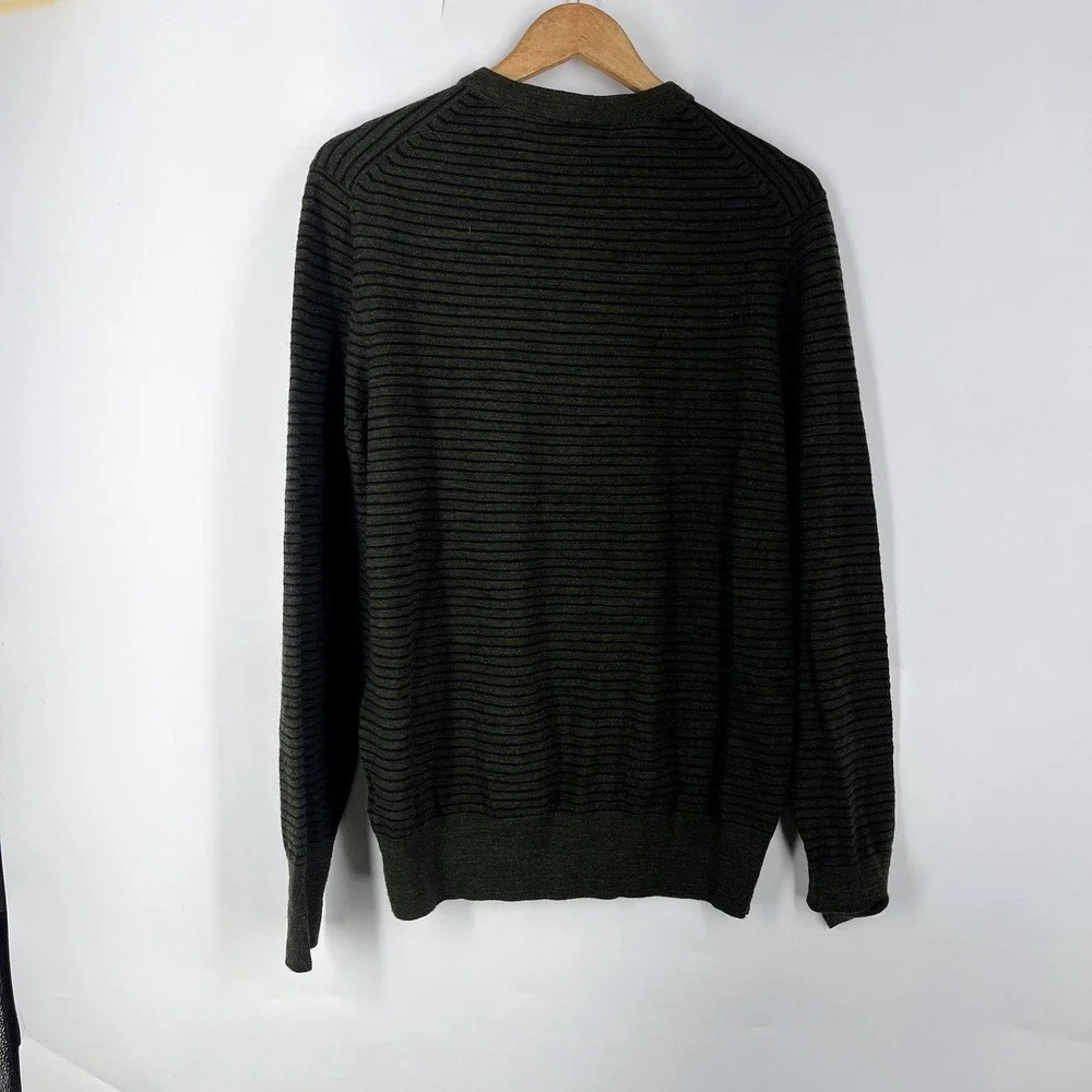 Banana Republic Mens Extra Fine Merino Wool Henley Sweater Olive Green Striped L